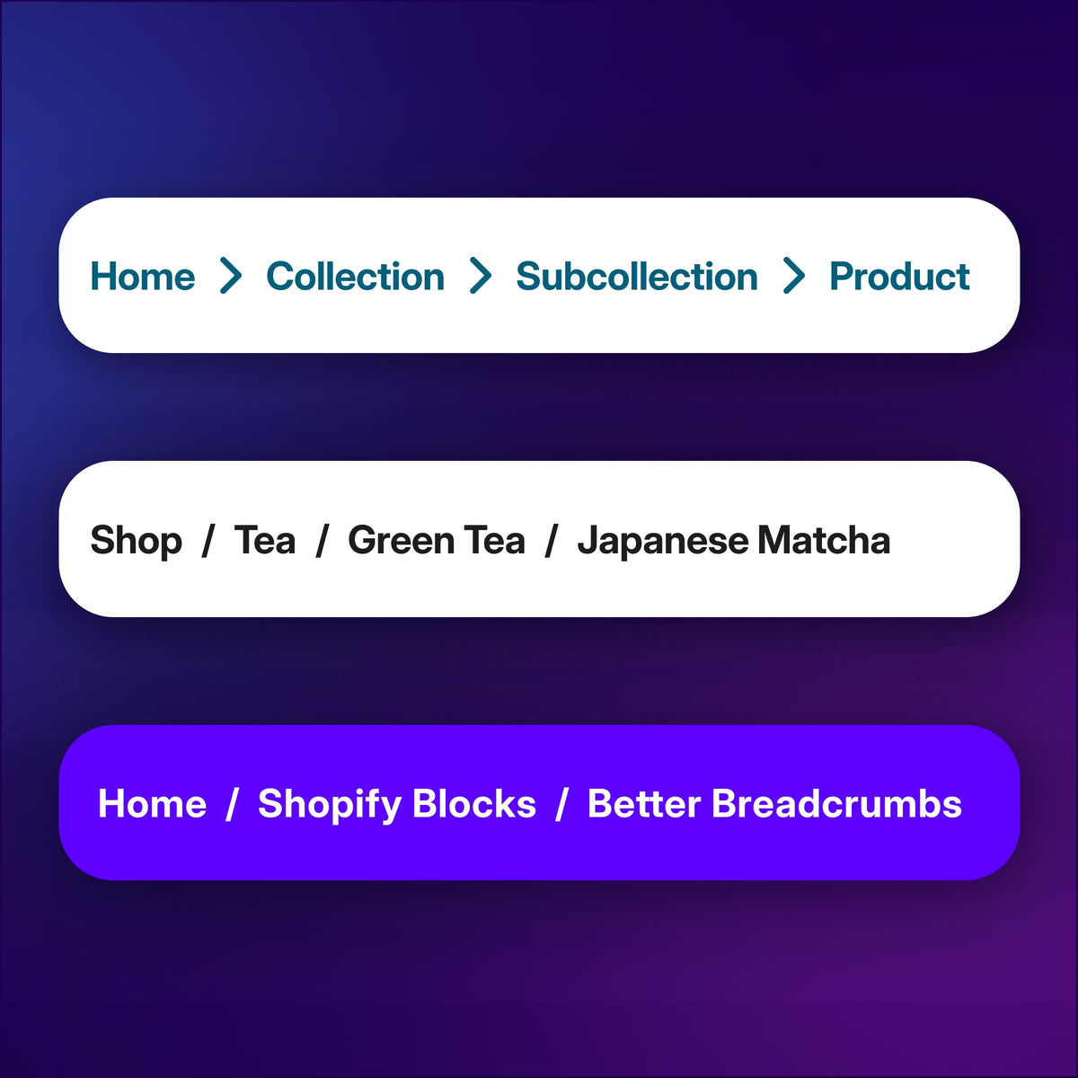 Breadcrumbs block preview featuring subcollections structure in Shopify.