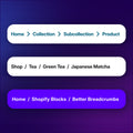 Breadcrumbs block preview featuring subcollections structure in Shopify. 