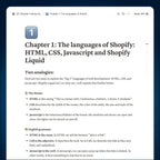 Page from ebook explaining the languages of Shopify including HTML, CSS, JavaScript, and Shopify Liquid.